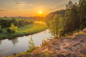 Sunset over the Pilica river near Sulejow, Lodzkie, Poland