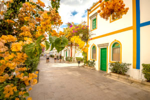 Puerto Mogan in Gran Canaria with flowers and fair weather.