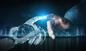 Robot hand making contact with human hand on dark background 3D