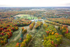 Beautiful aerial view looking down one of the ski runs at Rib Mo